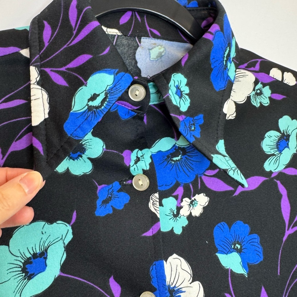 Vintage vibrant Floral Black Blue 70's dagger collar Shirt - Picture 3 of 9
